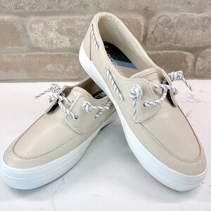 Sperry Women’s Crest Leather Boat Shoes, Cream & White, Sz 5 1/2, NEW